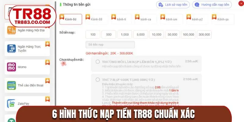 6 hình thức nạp tiền TR88 chuẩn xác